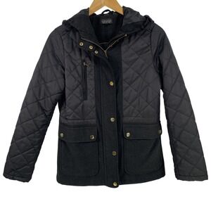 Topshop Jacket Womens sz 4 Black Quilted Hooded Full Zip Snap Pockets Zip Coat